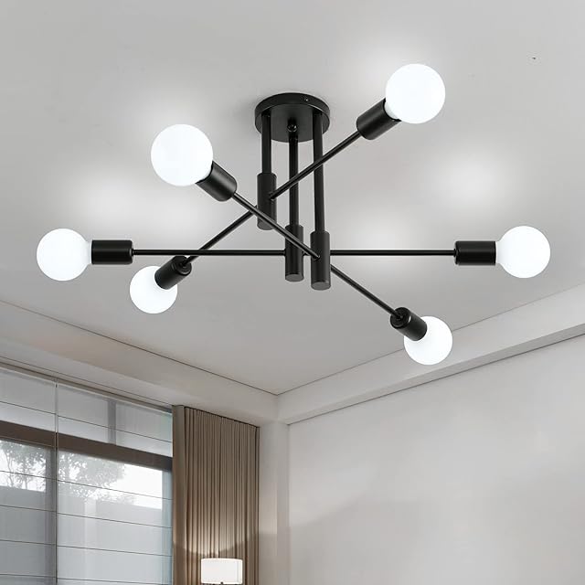 AOLALA Black Ceiling Lights Chandelier 6 Lights Light Fittings Ceilings, Industrial Sputnik Flush Fitting Ceiling Lights, Modern Ceiling Lamp for Living Room Kitchen Bedroom Dining Room Hallway E27