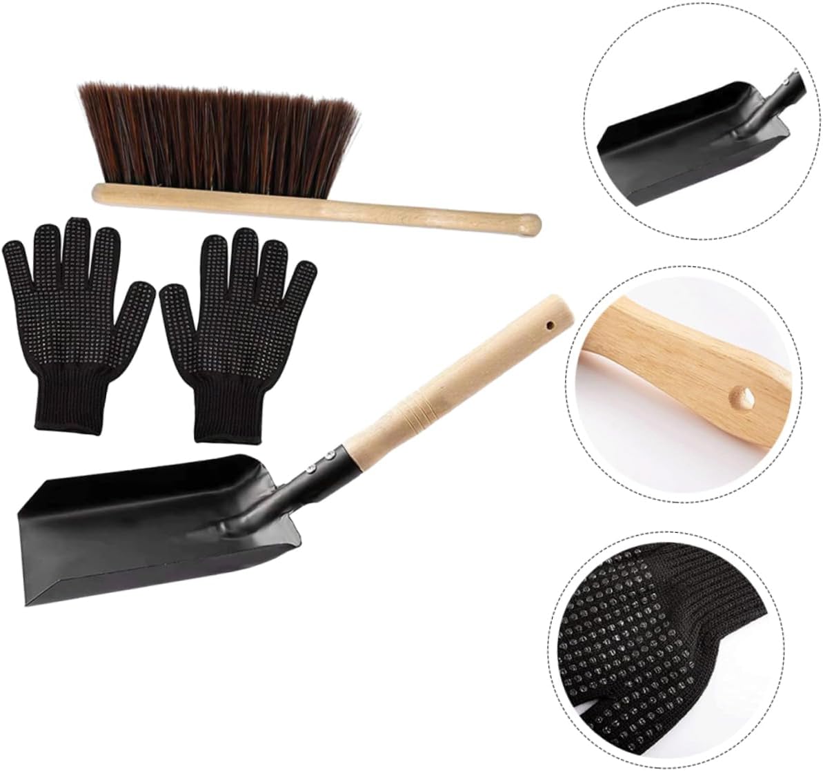 Complete Fireplace Tool Set Dust Brush and Shovel Set Wood Handle Silicone Gloves for Easy Cleaning