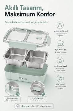 2 Bölmeli Termos Yemek Kabı, Paslanmaz Çelik, Sızdırmaz Kapak, 850 ml, Su Yeşili