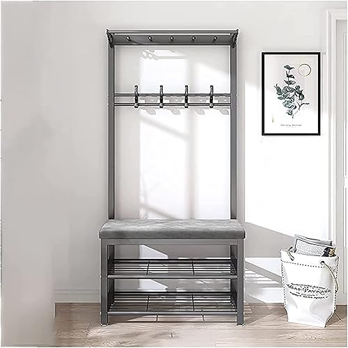 Miniatura 9 de Banco de entrada con perchero, banco de almacenamiento 3 en 1, perchero con ganchos, zapatero, cojín de terciopelo, fácil de montar, negro, 24