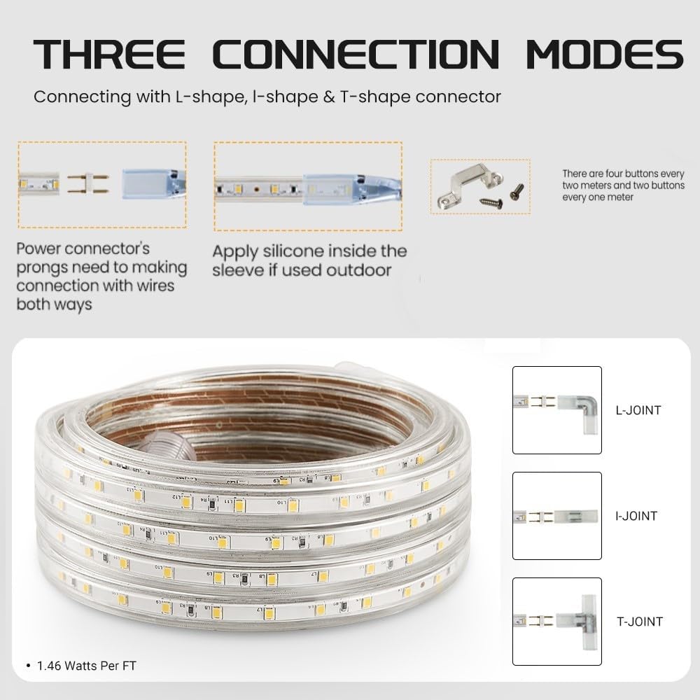 CBconcept 65 FT Bright White 120V Custom Cut SMD3528 LED Light Strip Flexible, Durable, Ambient, Commercial Construction Contractor Preferred, DIY Projects, Built to Last