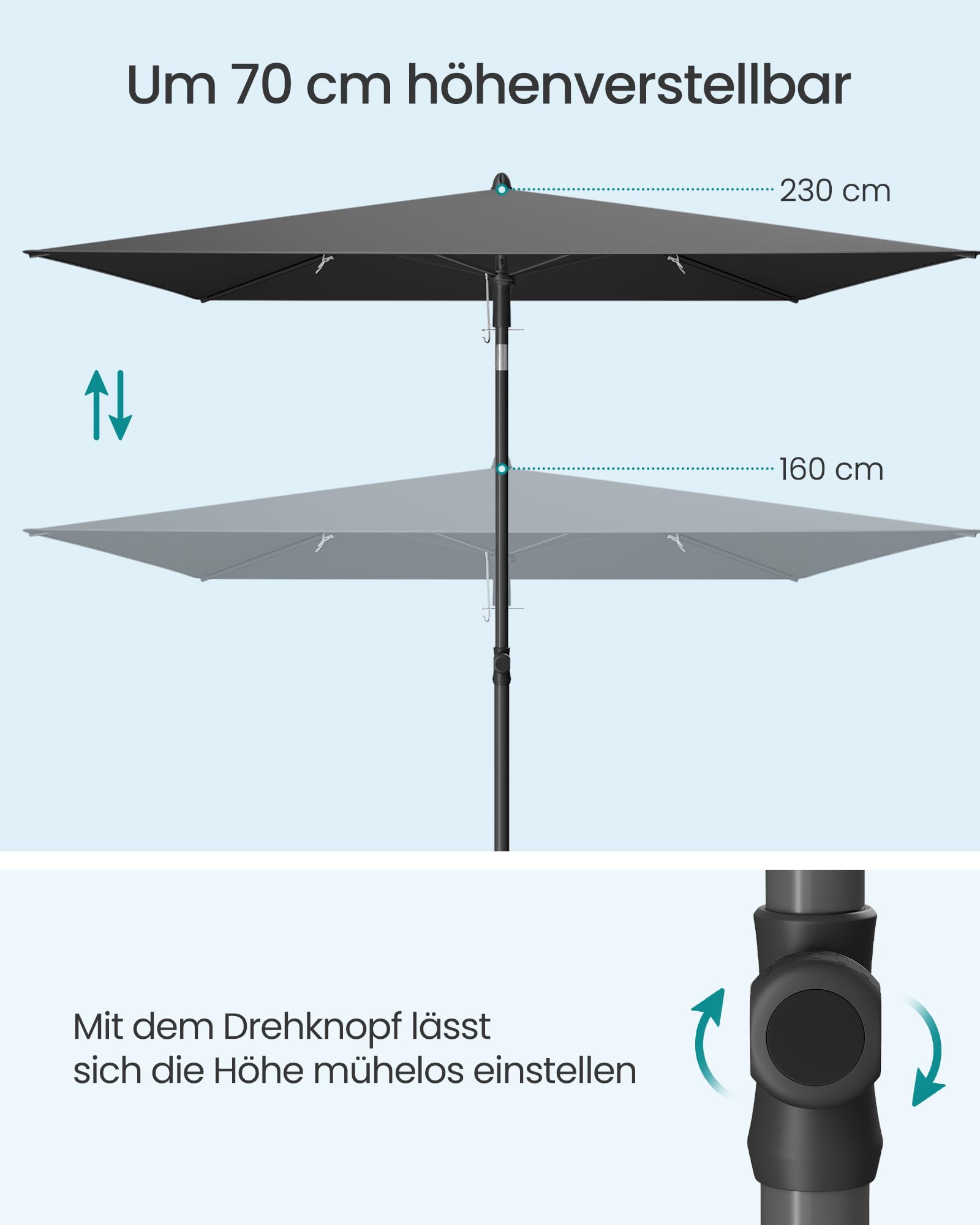 SONGMICS Sonnenschirm Balkon, 190 x 120 cm, Gartenschirm rechteckig, UPF 50+ Sonnenschutz, knickbar, Terrassenschirm, Outdoor Garten Terrasse Strand, Tragetasche, ohne Ständer, grau GPU024GZ01
