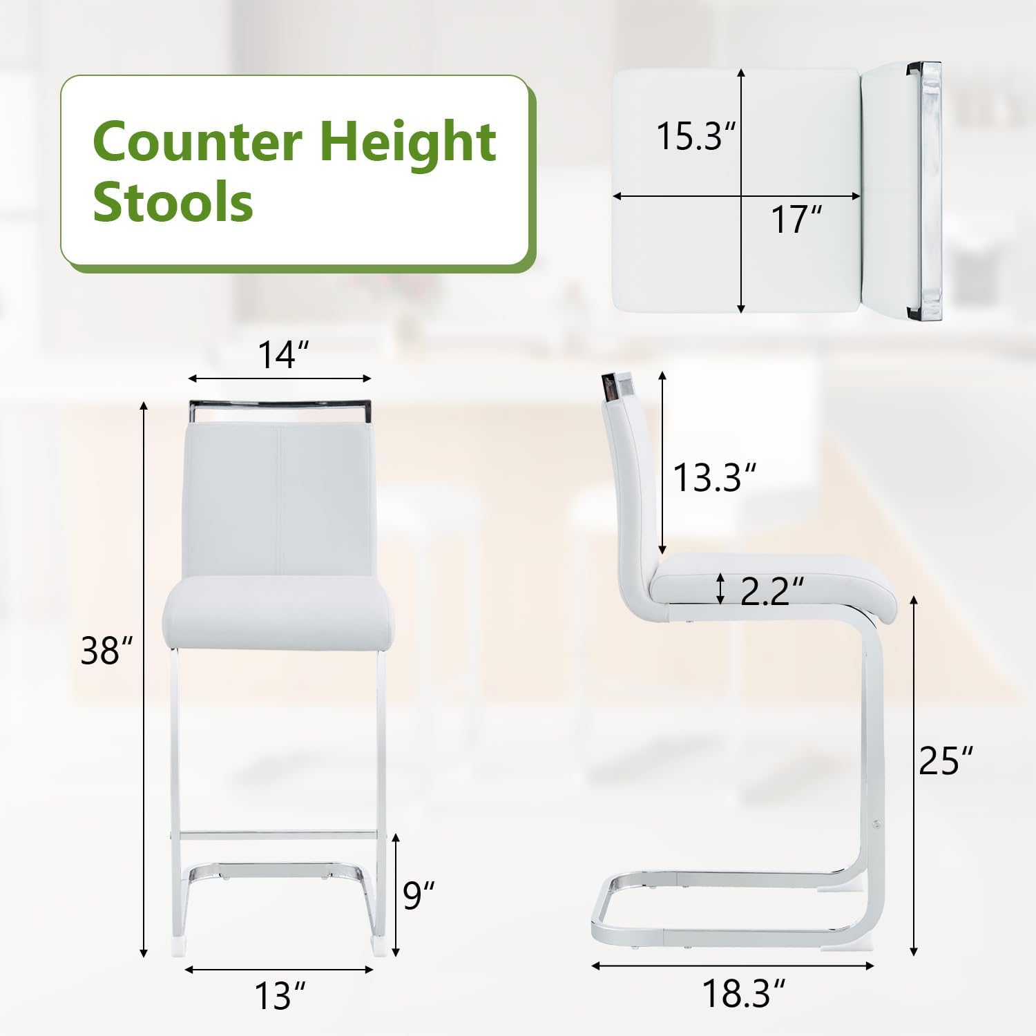 Counter Height Bar Stools Set of 4 - White Bar Stools for Kitchen Island,25'' Counter Stool with Leather Upholstered Seat,Metal Kitchen Island Chairs Ideal for Bar,Pub,Coffee Shop