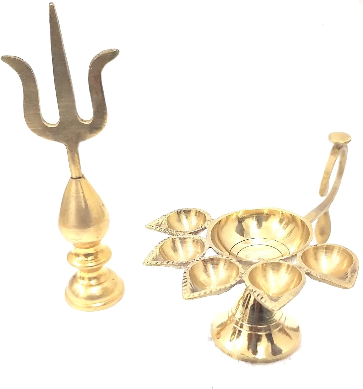 Golden Brass Trishakti Trishul Kalash with Pure Brass Panch Deepak Aarti Oil Lamp for Pooja Mandir Diya