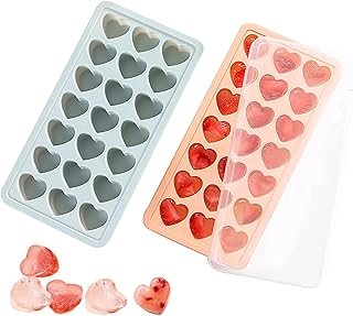 2 Pack Heart-Shaped Ice Cube Trays - 42 Holes Silicone Heart Ice Cube Tray with Lid, BPA Free and Dishwasher Safe, Mini Heart Shape Ice Cube Mold, Easy to Remove ((Pink + Blue))