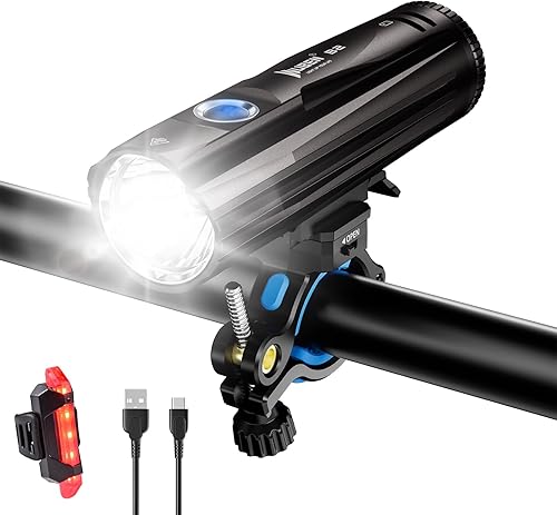 WUBEN B2 Tipo C Luz de bicicleta recargable, 1300 lúmenes de alto lumen LED luces delanteras y traseras, 6 modos, IP68 impermeable bicicleta faro