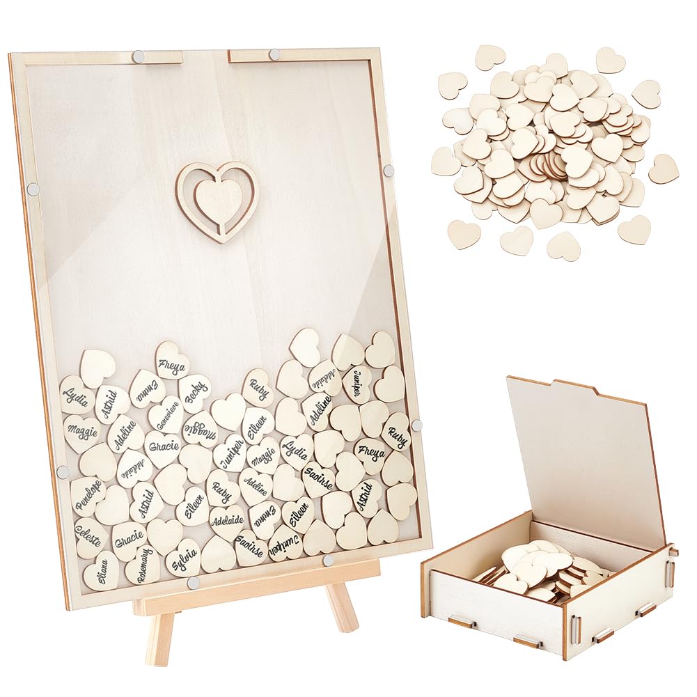 Livre d'or de mariage alternatif rustique avec 120 cœurs en bois et boîte