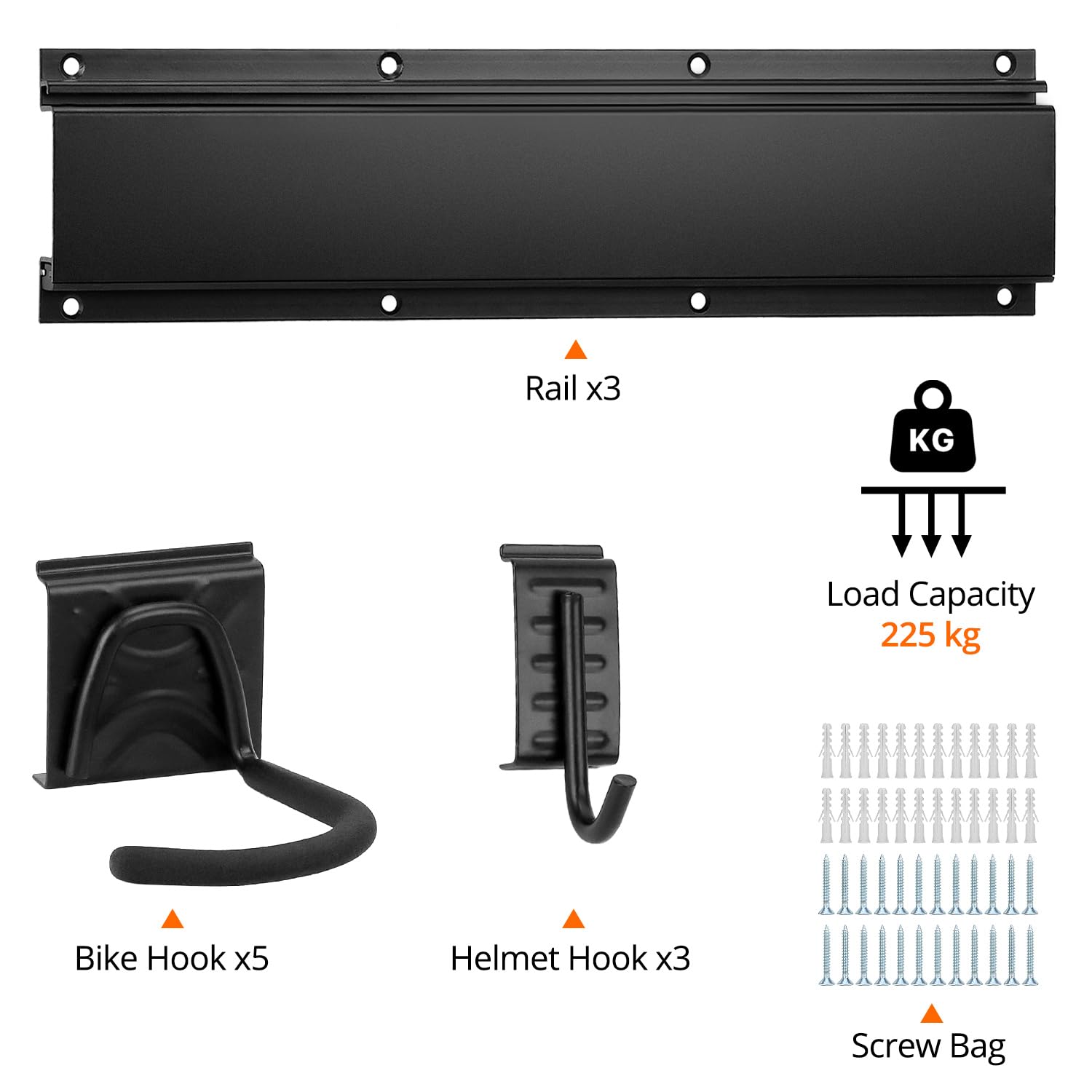 QWORK® Portabici da muro per 5 biciclette e 3 caschi, Appendi bici adatto a vari tipi di bici, Lunghezza totale del binario 120 cm, Supporta fino a 225 kg