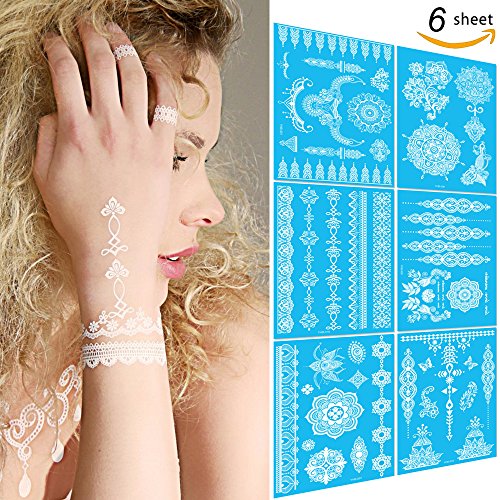 White Henna Tattoo Stickers, Lace Chains Mandala Temporary Tattoos Body Paints for Women Wedding Makeup, 12-Sheet
