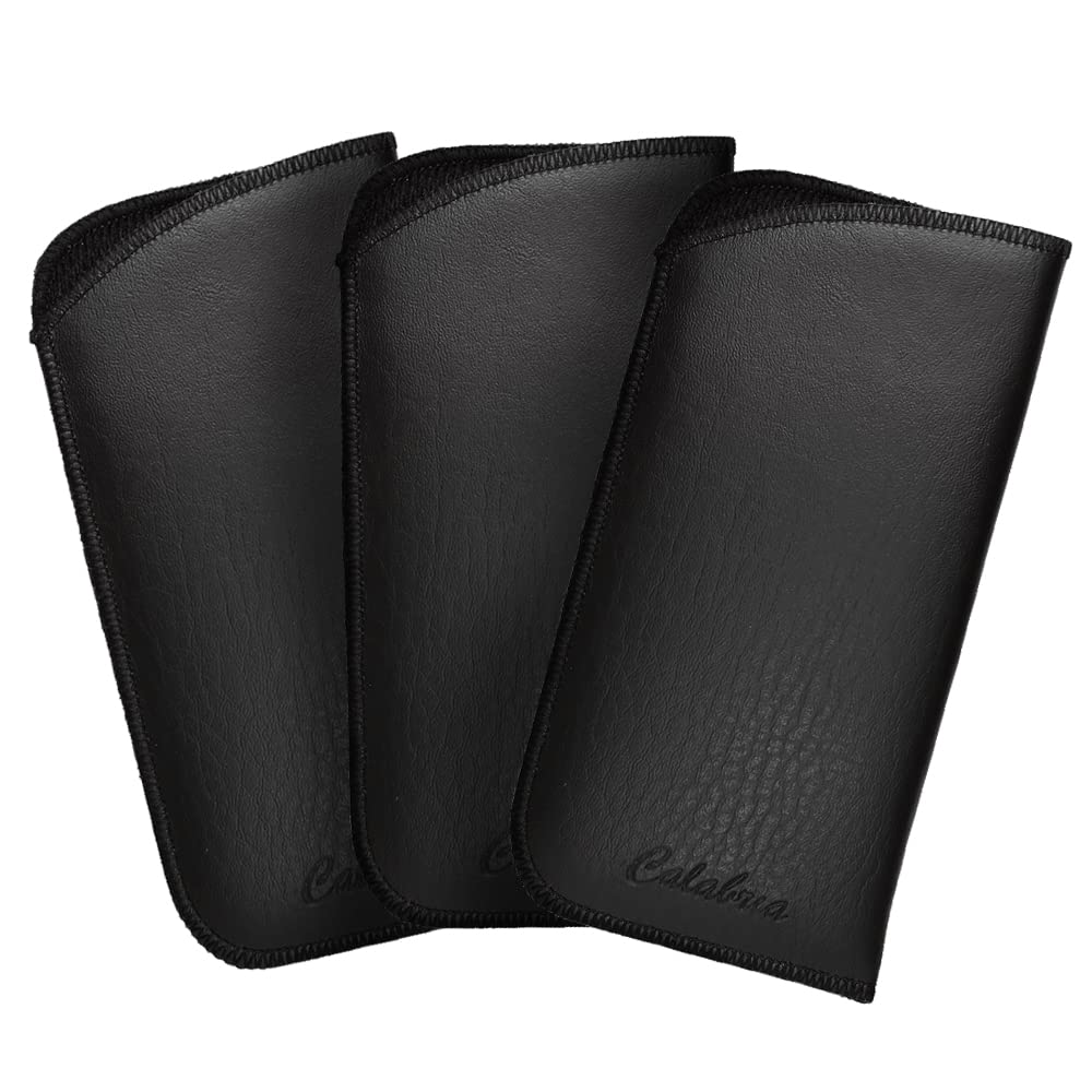 Calabria Slim Faux Leather Eyeglass Case Soft Slip-In Design [Black without Clip - 3 Pack] | Compact Protective Pouch | Soft Case for Glasses | Lightweight Sunglass Storage