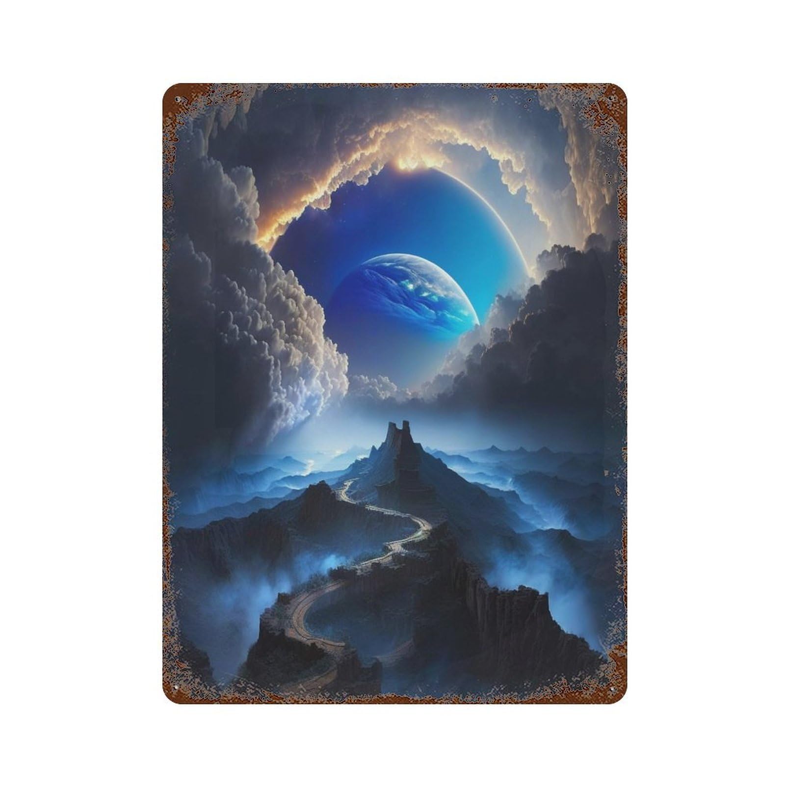 Alien Landscape with Great Wall Aged Metal Wall Plaque 15.7"x11.8", Farmhouse Wall Decor for Office, Studio And Wall Decor