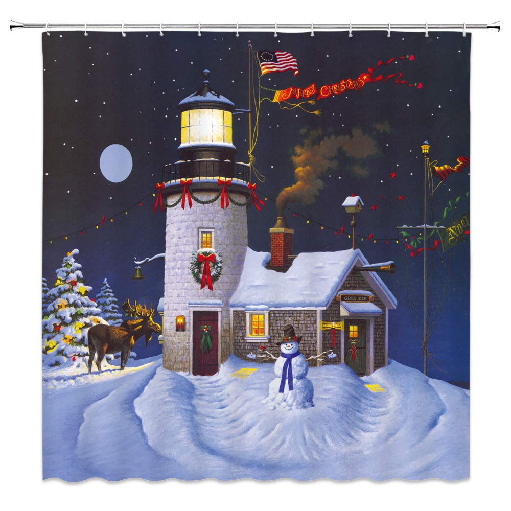 BCNEW Lighthouse Shower Curtain Decor Blue Starry Sky Snowman House Elk Reindeer Christmas Tree Snow Winter Creative Bathroom Kitchen Polyester Fabric Decorative Curtain with Hooks 70 x 70 Inches