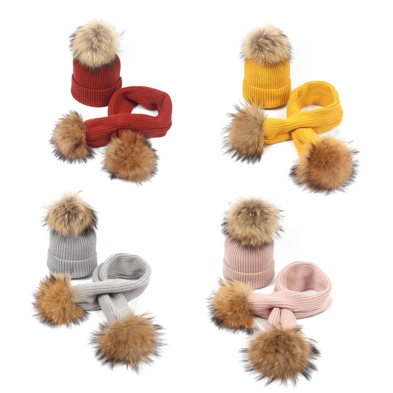 FOMIYES Cappello e Sciarpa in Lana 2pezzi per Ragazzo Ragazza Bambine Autunno Inverno Caldo Set per Ragazzi Ragazze Pompon Color Rosa per Natale Compleanno