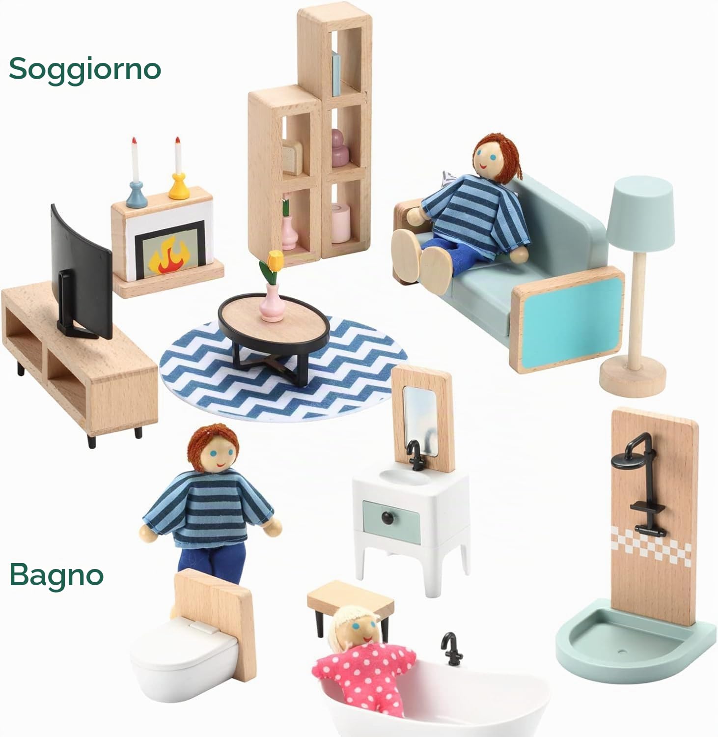 Giant bean Set di Mobili Casa Bambole Legno, 36 Mobili Casa Bambole con 4 Bambole di Famiglia, Accessori Casa Delle Bambole, Giocattoli Per Bambini dai 3 Anni In Su