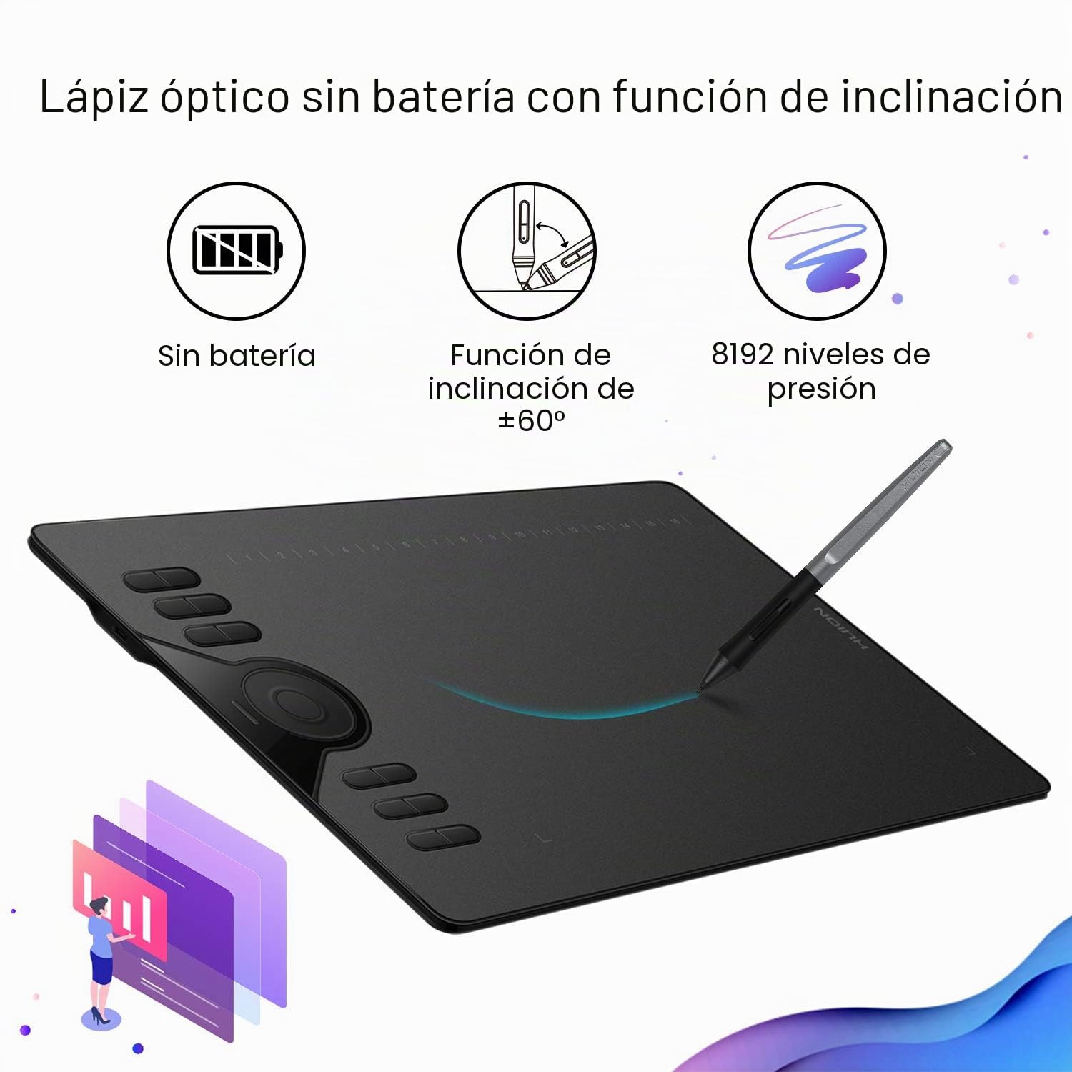 Gráficos Tableta de Dibujo HUION Actualizado HS610 Función de inclinación Lápiz sin batería con 1 Dedo Anillo táctil Conectividad Sistema operativo Android 6.0 Compatible