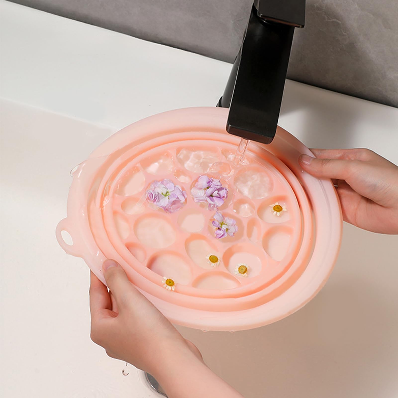 Bol pour Le Visage, Bol en Silicone pour Le Visage avec Bac à Glaçons Intégré, Lavabo Pliable, Bol Plongeant Portable, À Suspendre, Rose
