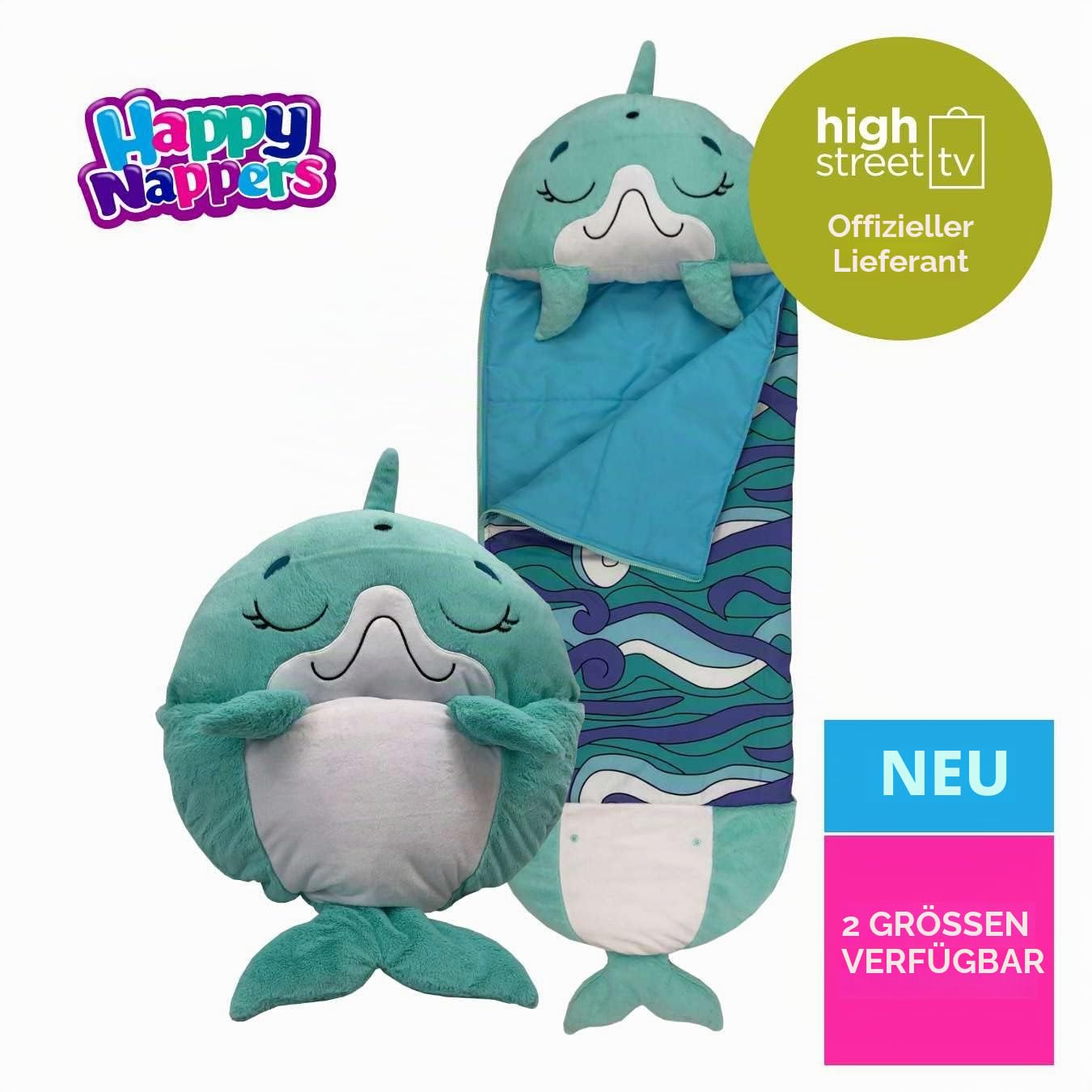 Happy Nappers Kinder-Schlafsack – Disco-Delfin – Plüschtier, bequemer Schlafsack und Flauschiges Kissen in einem – schönes Geburtstagsgeschenk – ideal für Spielzeit, Nickerchen, Übernachtungen und Baby