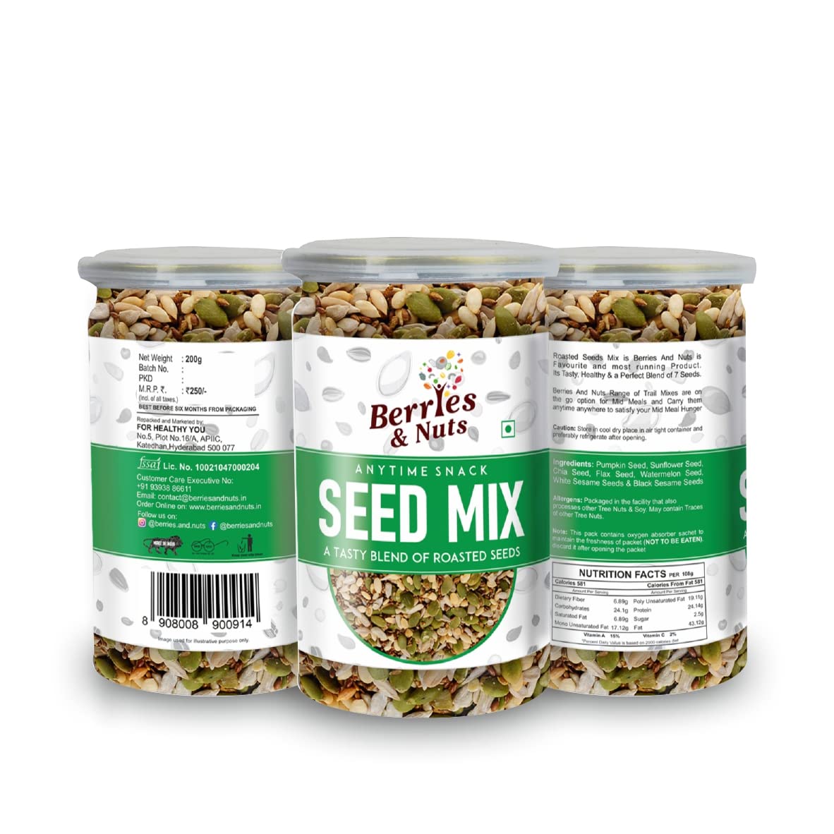 Berries And Nuts Healthy Roasted Seeds Blend | Pumpkin, Sunflower, Chia, Flax, Watermelon, Sesame Seeds | 600 Grams | 3 Bottles of 200 Grams