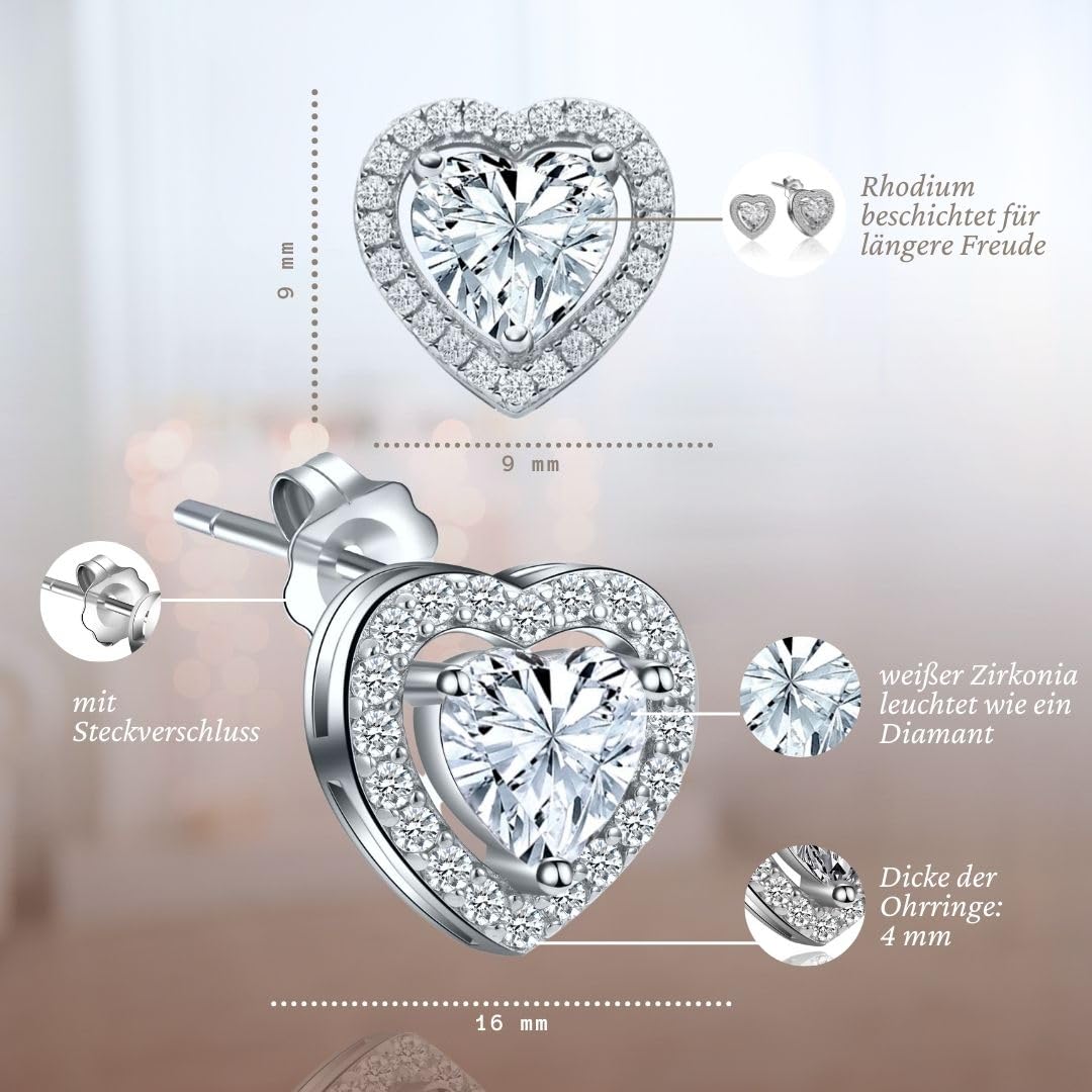 LOVENEST Herz Ohrstecker Silber 925 – Damen Ohrringe Zirkonia