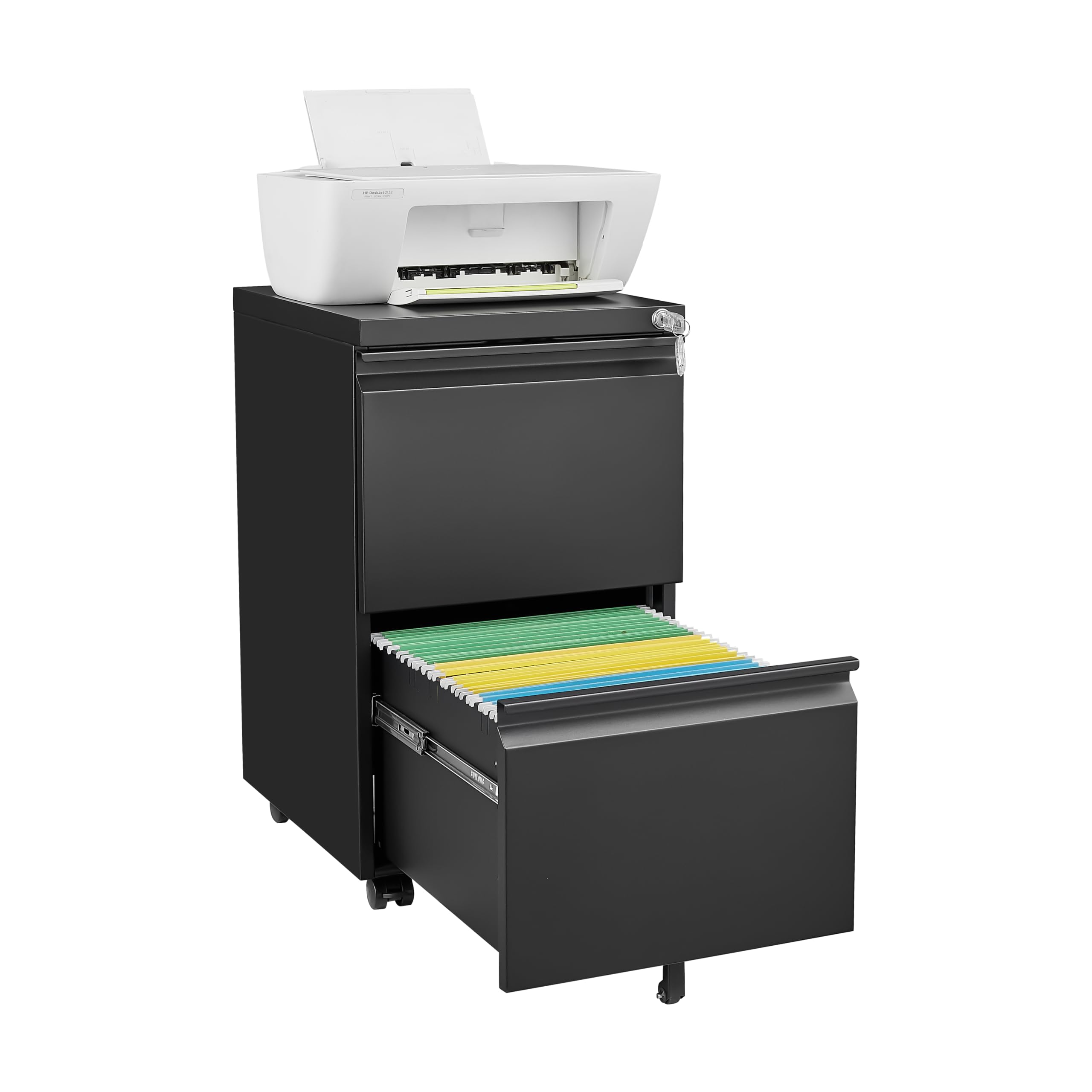 2 Drawer Mobile File Cabinet with Lock, Under Desk Metal Filing Cabinet on Wheels for Home Office Lockable Rolling Printer Stand for Legal/Letter/A4 File, Black