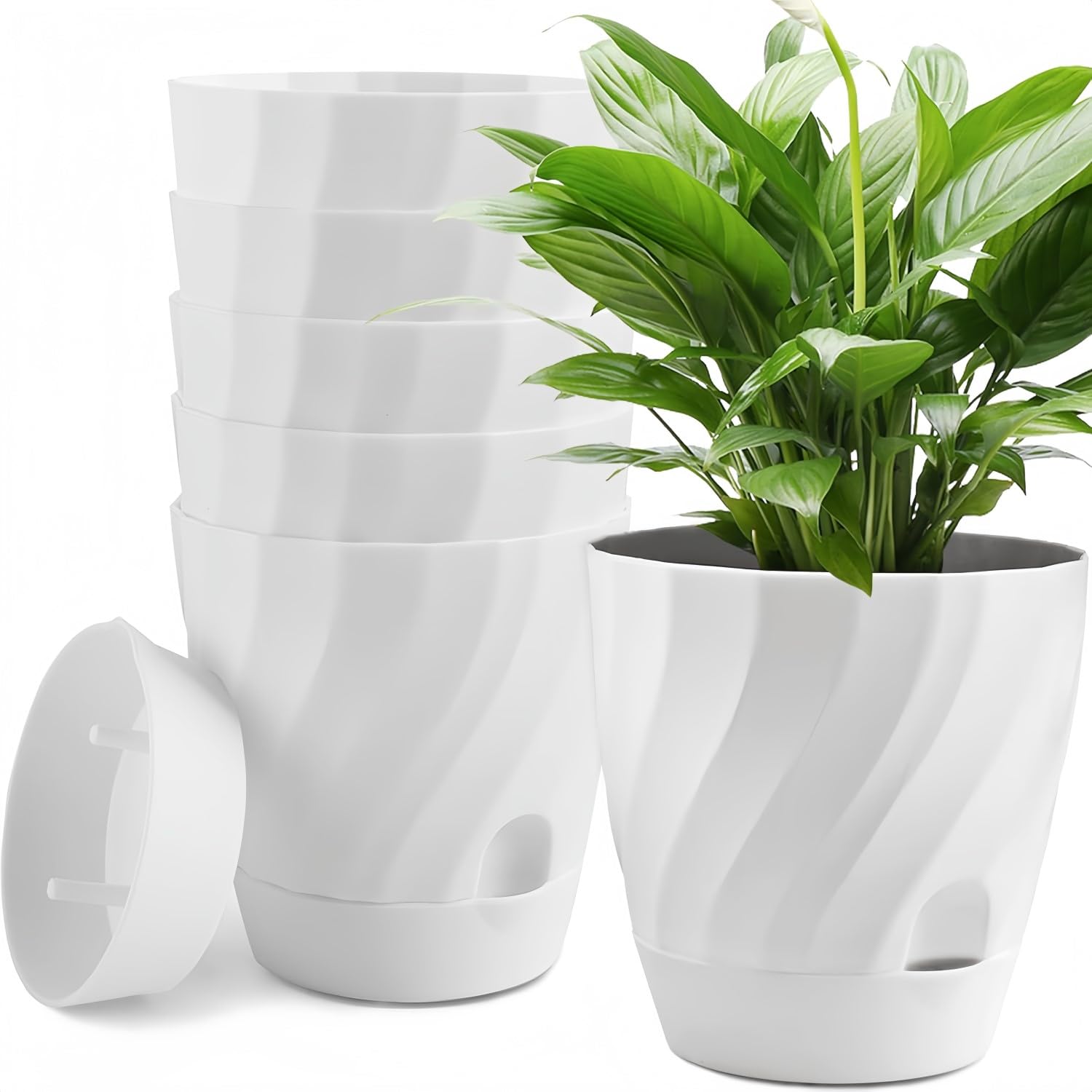 Kaheign White 6Pcs Self Watering Plant Pots, 12Cm Round Plastic Flower Pot Thicken Garden Plant Container For Succulent Herb Orchid Mint House Bonsai Plants - With Watering Hole, Drainage And Saucer (White)