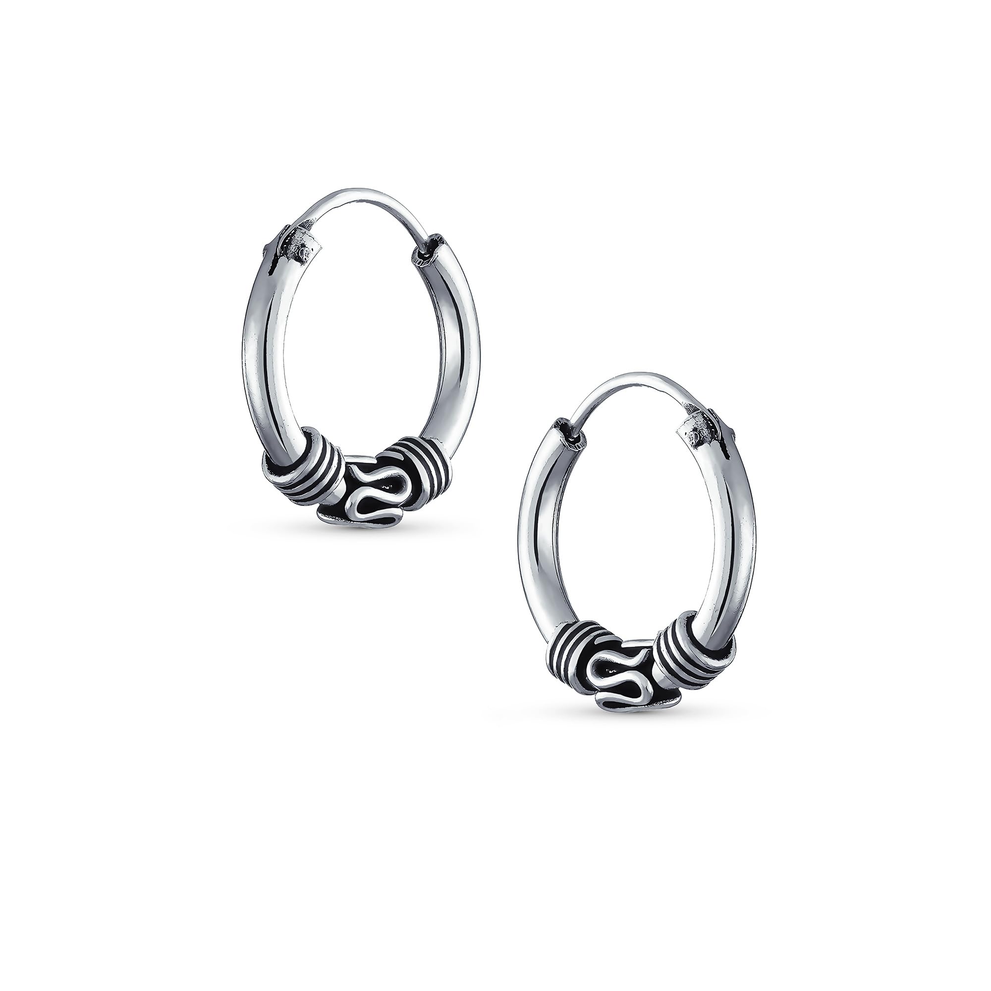 Bali Tribal Swirl Continuous Endless Round Hoop Earrings For Women Oxidized .925 Sterling Silver .50 .75 1 1.25 Inch Diameter