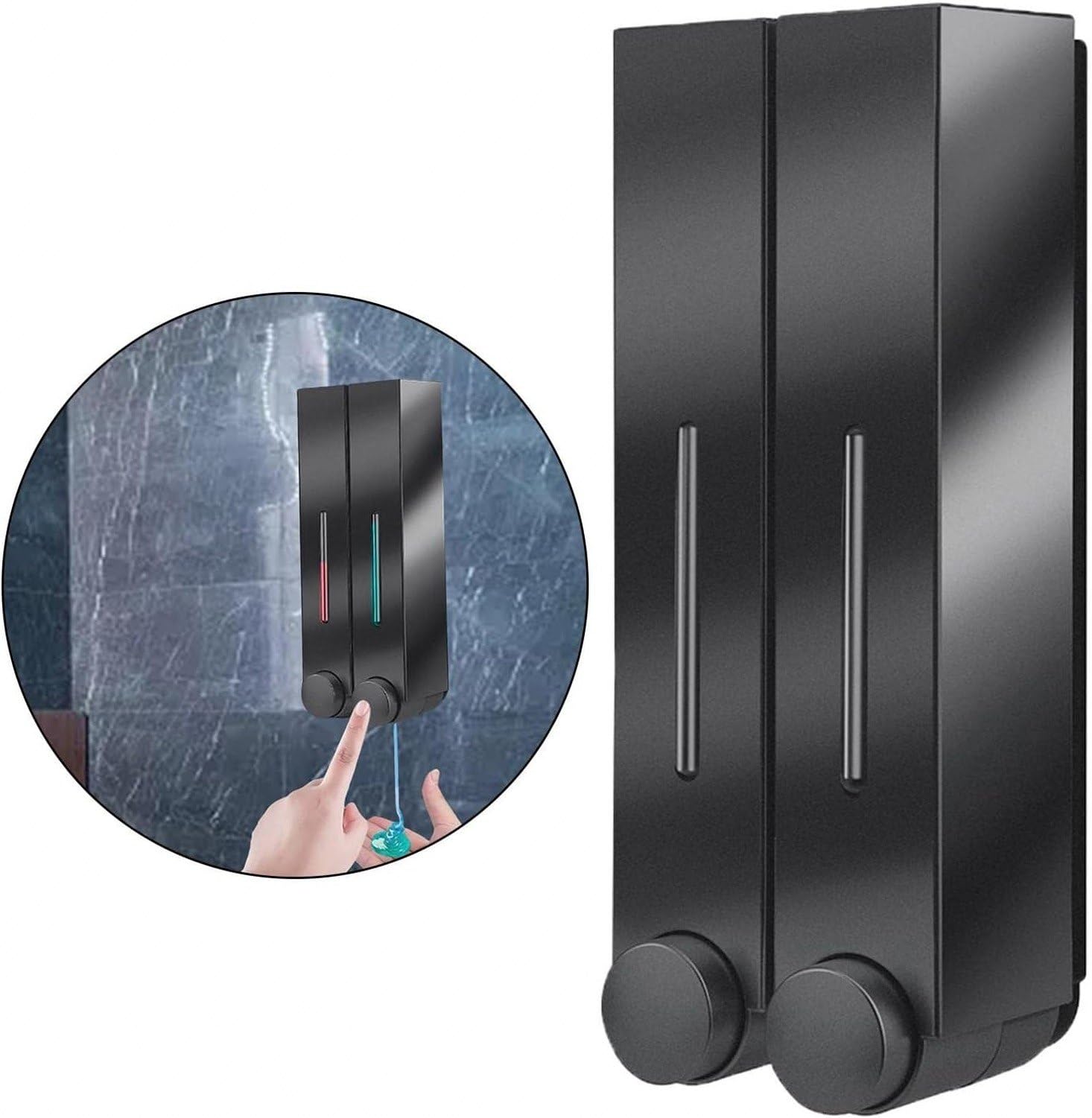 Distributore di Sapone a Parete Nero Doppio per Bagno Doccia, Dispenser con Pompa per Sapone Liquido e Shampoo, per Shampoo bagnoschiuma e Lotion da Parete