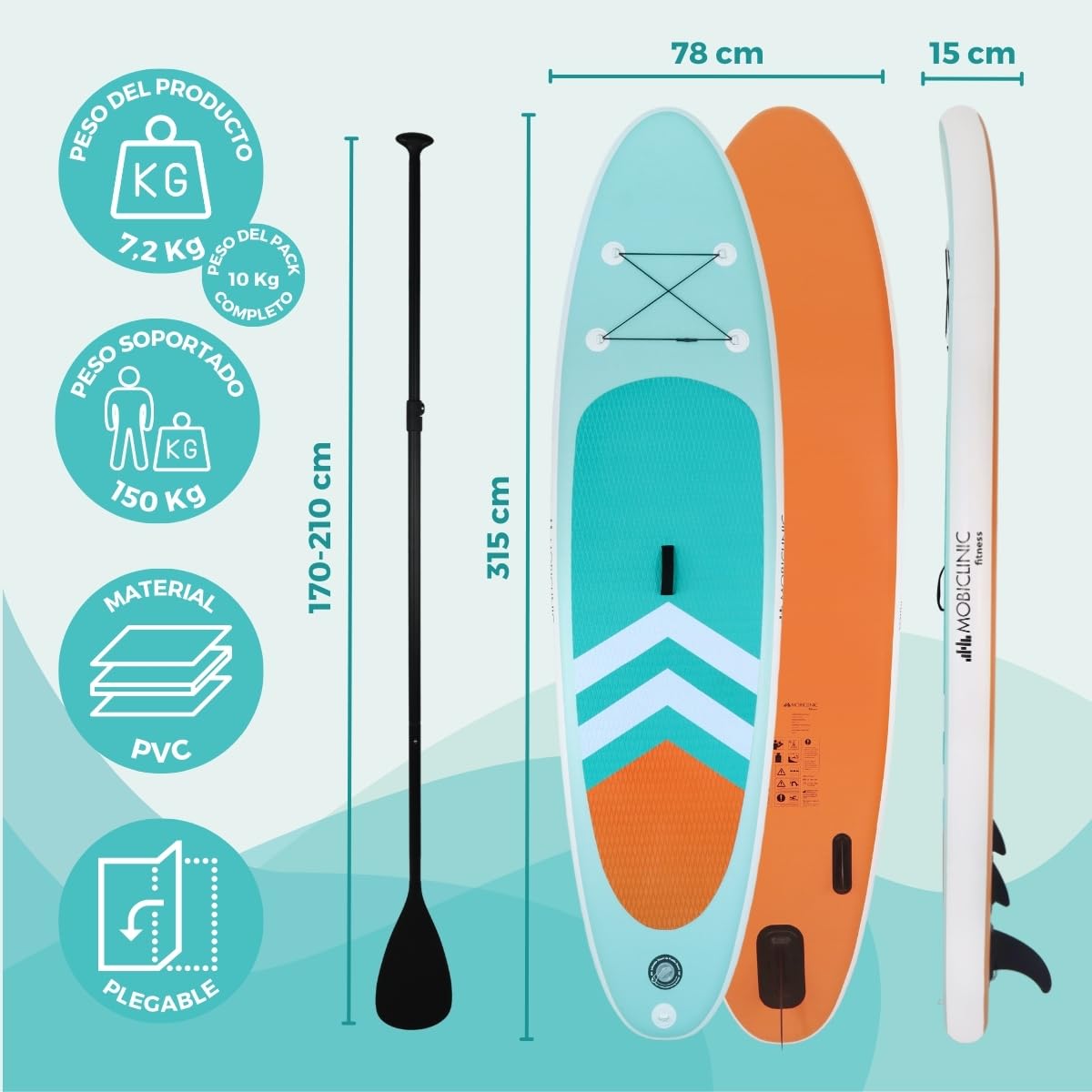 Mobiclinic®, Tabla de Paddle Surf, Hinchable, Incluye Bomba, Mochila, Remo Ajustable, Funda para móvil, Kit reparación, 315x78x15 cm, Plegable, Niños, Adultos y Mascotas, hasta 150kg