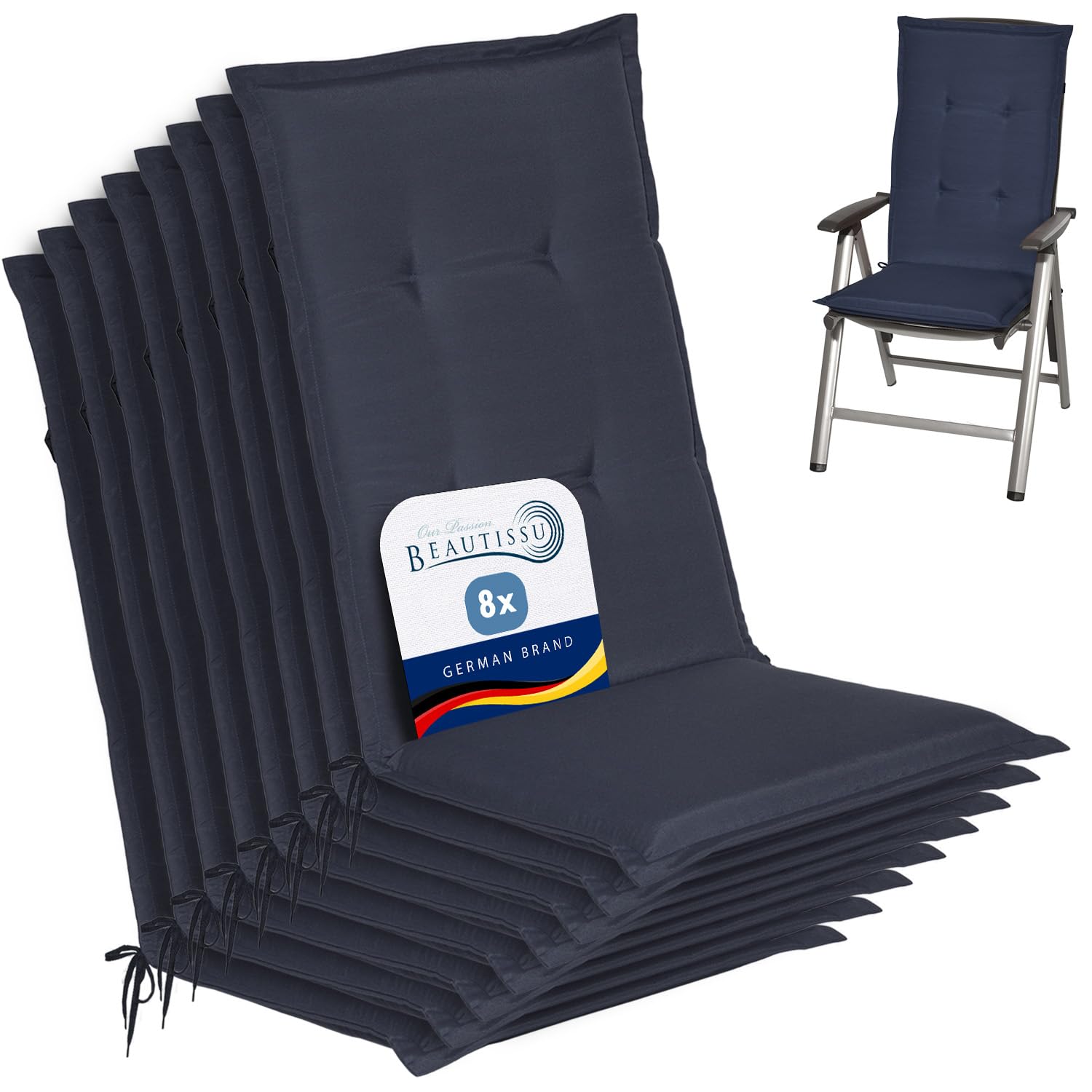 Beautissu Highback Outdoor Chair Cushions 120x50x6 cm Loft HL - Set of 8 Seat Cushions for Garden Chairs with Backs Recliner Patio Chair Sunbed Bench - Dark Blue
