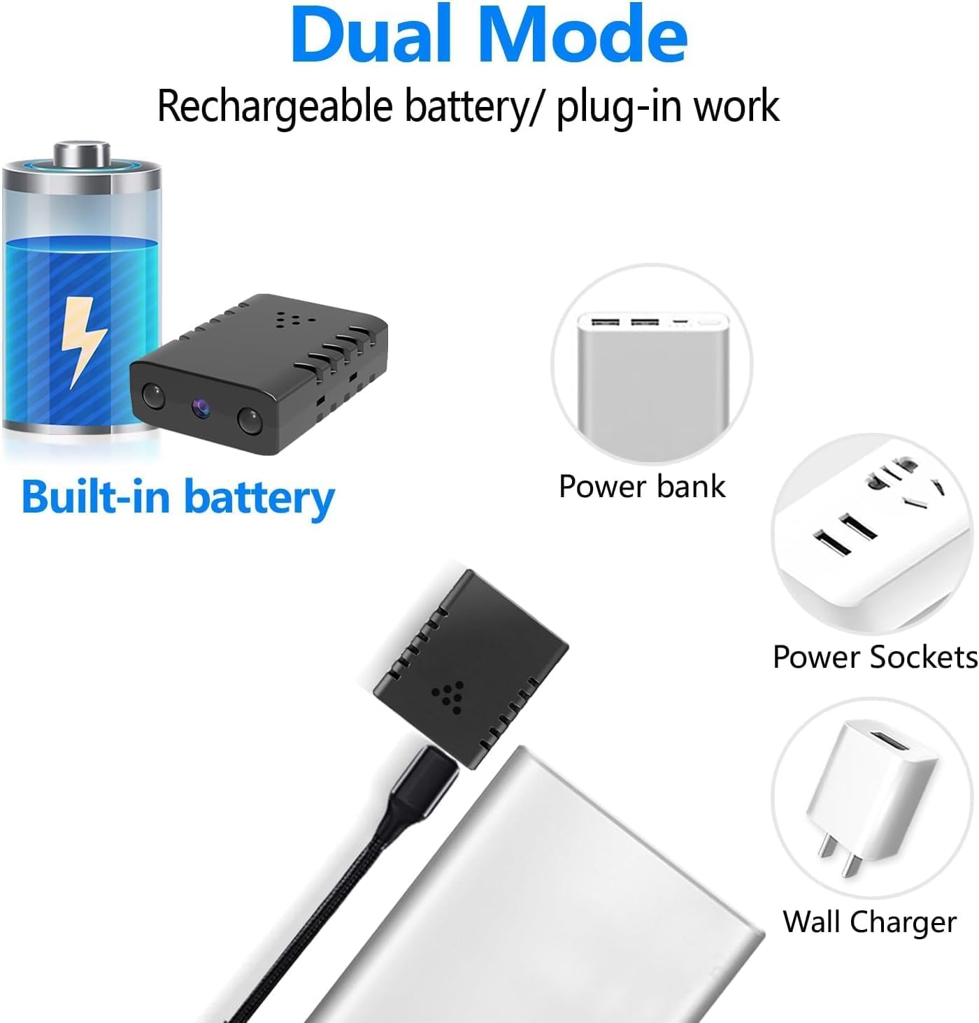 Rettru XDWIFI-Battery camera showing charging options.