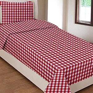 AIRWILL Cotton Gingham Checks 200 GSM Single Bedsheet with 1 Pillow Cover (Red, Pack of 1 Set)
