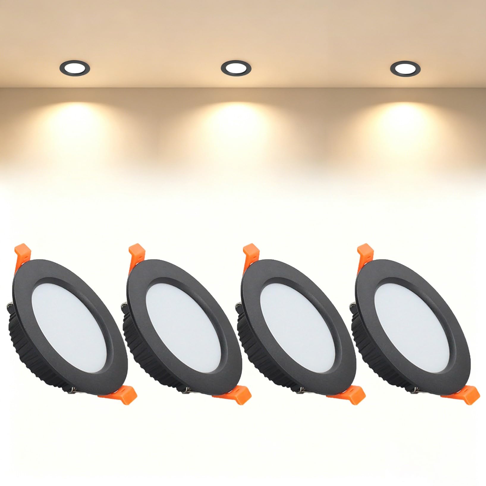 VOGHMOLD 7W Ultra Slim LED Downlight Recessed Ceiling Light 3 inch, 3000K Spot Lights Black Aluminum Trim, Cut Φ80-90mm, AC110-240V Panel Lighting for Office Hallway Closet, 4 Pack
