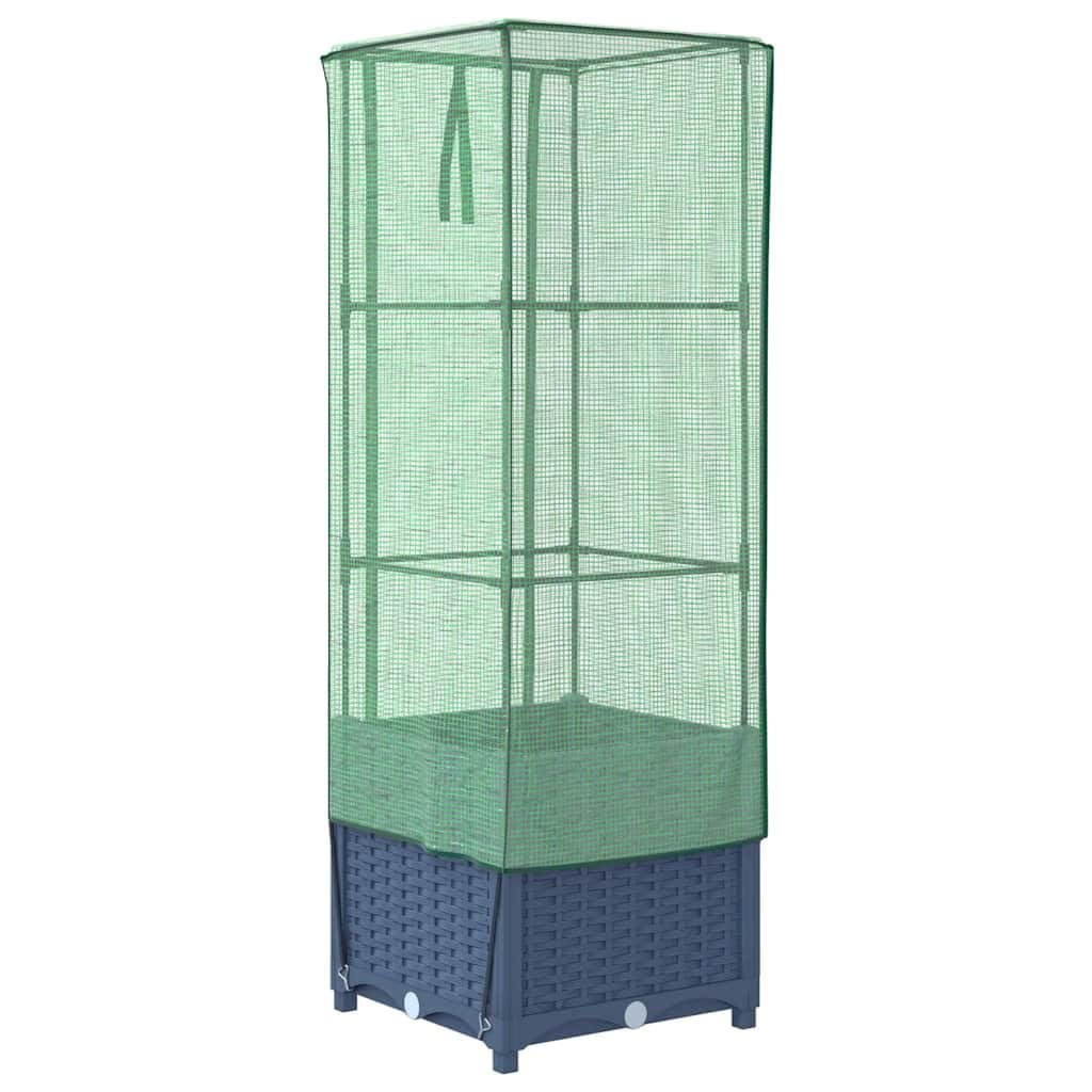 Bancal alto con accesorio para invernadero, aspecto de ratán, color gris azulado, 40 x 40 x 139 cm, tubo de hierro estable, marco resistente al agua, accesorio para jardín, balcón, terraza