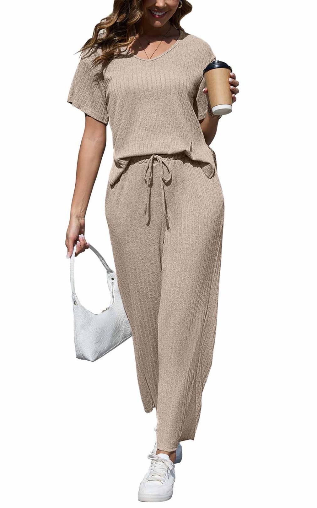 CheChury Femme Survêtement Ensembles de Costume Décontracté 2 Pièces Eté Set Manches Courtes et Pantalon Droit Survêtement Col en V Loungewear Ensemble de Pyjama Couleur Pure Vêtement de Nuit Automne