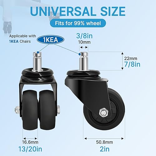 Miniatura 3 de Nefish Ruedas giratorias para silla de oficina de 2 pulgadas, 0.394 pulgadas, ruedas de goma de repuesto resistentes, soporta 750 libras (juego de