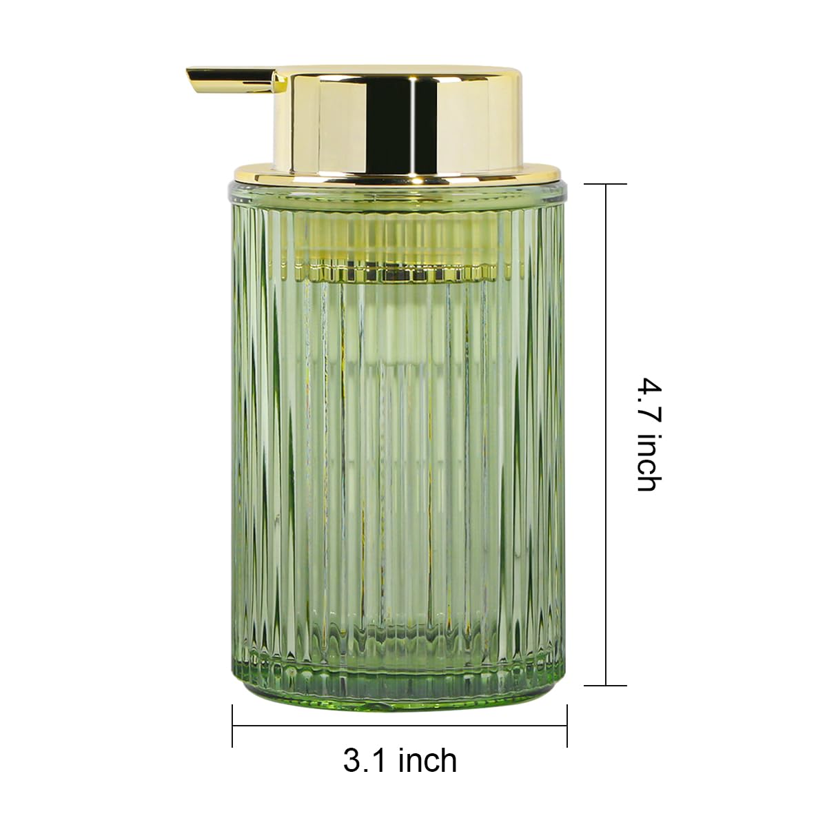 Schaumseifenspender, Badezimmer, grünes Glas, Schaumseifenspender, nachfüllbar, 340 ml, Schaumpumpenbehälter mit Goldener Pumpe, dekorativer schlanker Gerippter Spülseifenspender für Küche