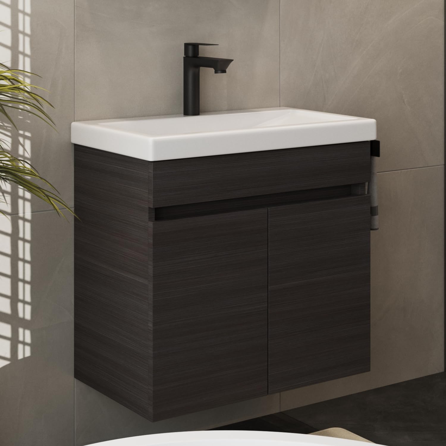 Planetmöbel Meuble sous Vasque avec lavabo en céramique 63x60x36,5 cm, Ensemble de Meubles de Salle de Bain Moderne, Anthracite