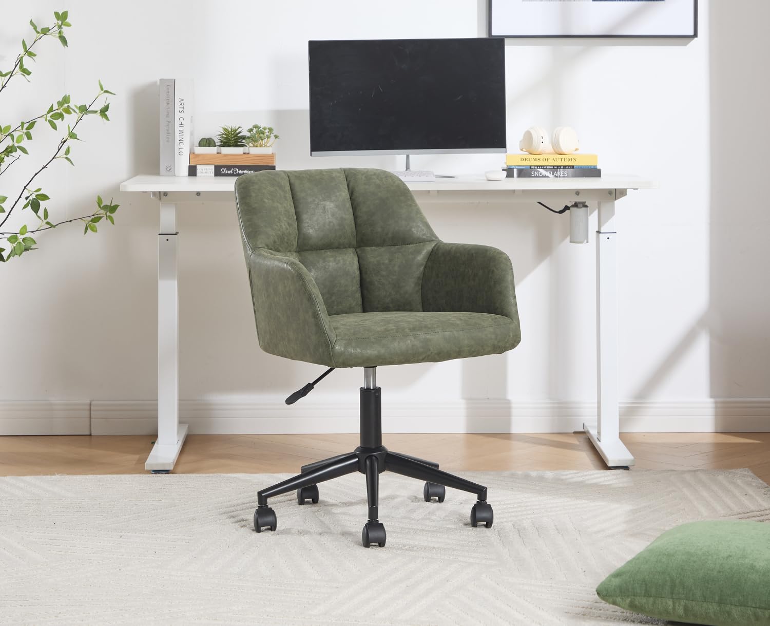 Ya-Home Bürostuhl PU-Kunstleder mit Rollen, Drehstuhl höhenverstellbar Schreibtischstuhl Dicker Rückenlehne Homeoffice Stuhl komfortabler für Arbeitszimmer, Schlafzimmer,Grün