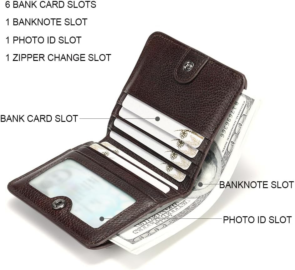 Mini Real Leather RFID Blocking Wallet for Men with Multiple Card Slots and Zipper Coin Pocket (Coffee)3