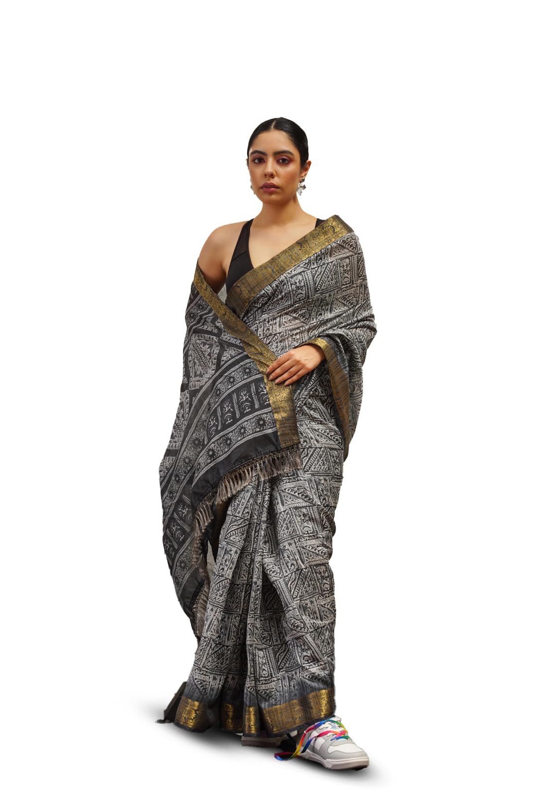 Womanista Women's Women Ready To Wear Saree Ll Women Black Saree Ll Women Cotton Saree Ll Un-Stitched Blouse Saree