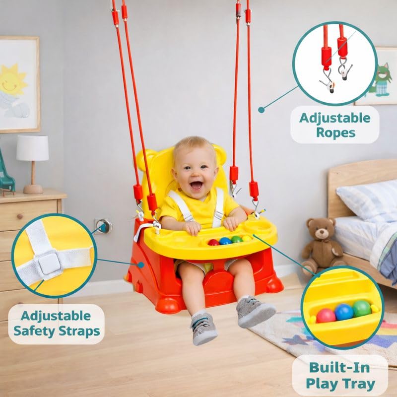 Image of Braintastic 6-in-1 Baby Booster Seat Cum Feeding High Chair | Multipurpose Floor, Dining & Play Seat for Toddlers | Detachable Tray with Toy Balls | Yellow & Red