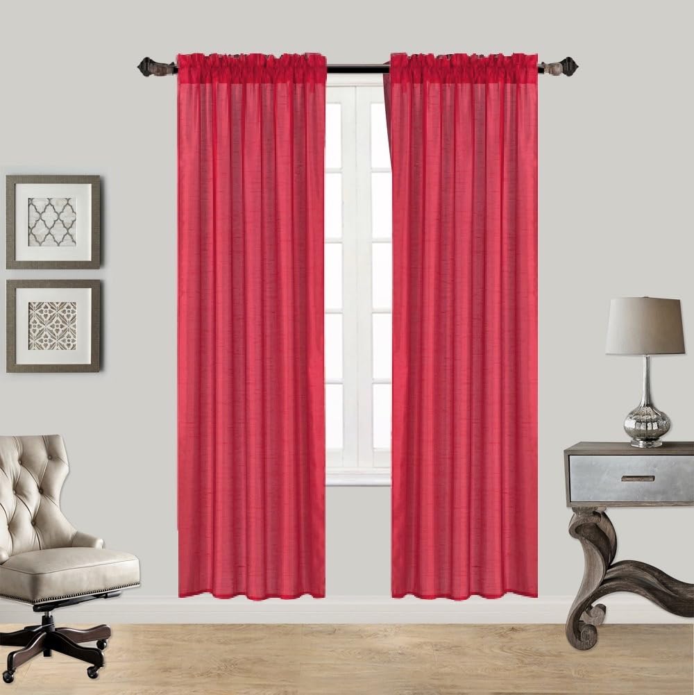 (MR2) Semi Sheer Unlined See Through Window Curtain Faux Silk Texture Rod Pocket 84 Inches Length (2, Red Rose)