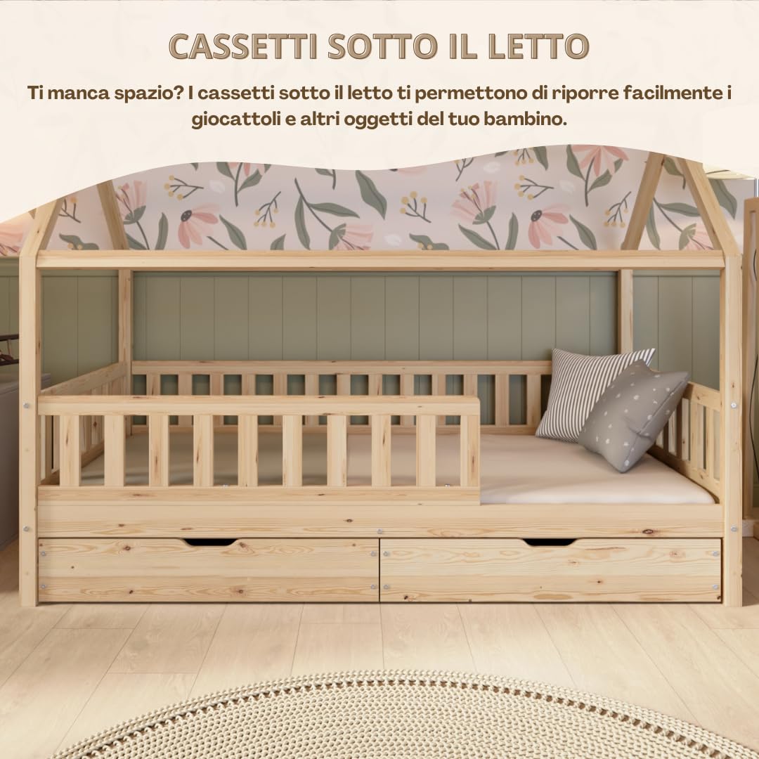 Letto Casetta con Cassetti 190x100cm – Legno Naturale con Barriera – Design Scandinavo Letto Montessori a Pavimento con Piedini Regolabili in Altezza - Crazy Blanco