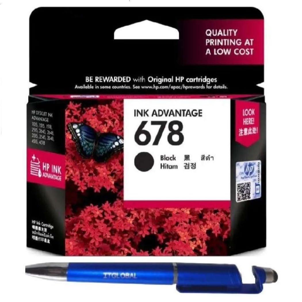 Value Pack Combo OG 678 Black Ink Cartridge for HP Selected Printer with 3in1 Multi-Function Creative Mobile Phone Stand, Stylus Pen, Ballpoint Pen (Very Colors) 678 Ink