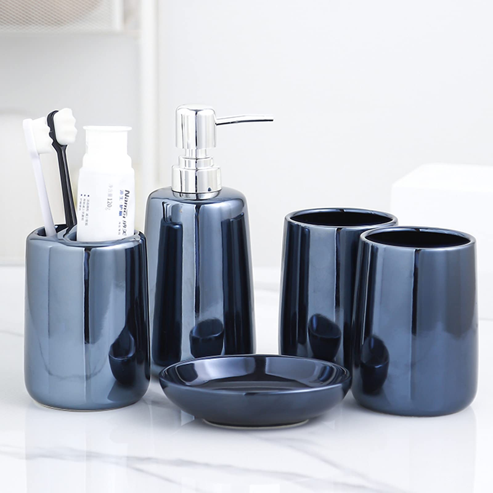 Juego De Accesorios De Baño Moderno De 5 Piezas Accesorios De Baño con Jabonera Dispensador De Jabón Vaso De Cepillo De Dientes Portacepillos De Dientes Cerámica Reflectante,Azul