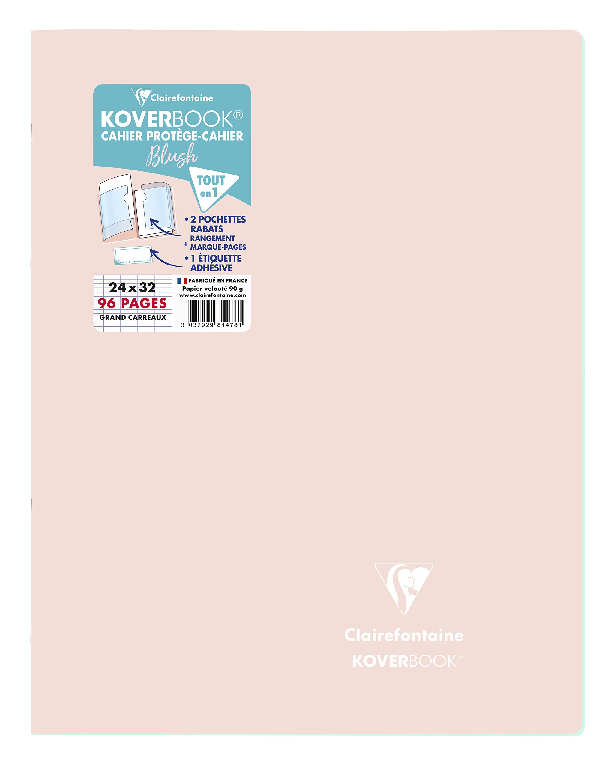 Clairefontaine Koverbook Blush Rose poudré - 24x32 cm - 96 Pages Grands Carreaux - Papier Blanc 90 g