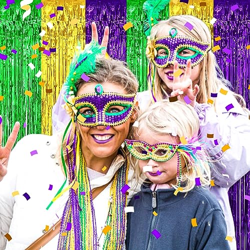 Image of 6 Pack Gold Green Purple Foil Fringe Curtain Backdrop, 3.28Ft x 8.2Ft Metallic Tinsel Foil Fringe Streamer Curtains for Photo Booth, Christmas Day, Thanksgiving, Wedding, New Year Party Decorations