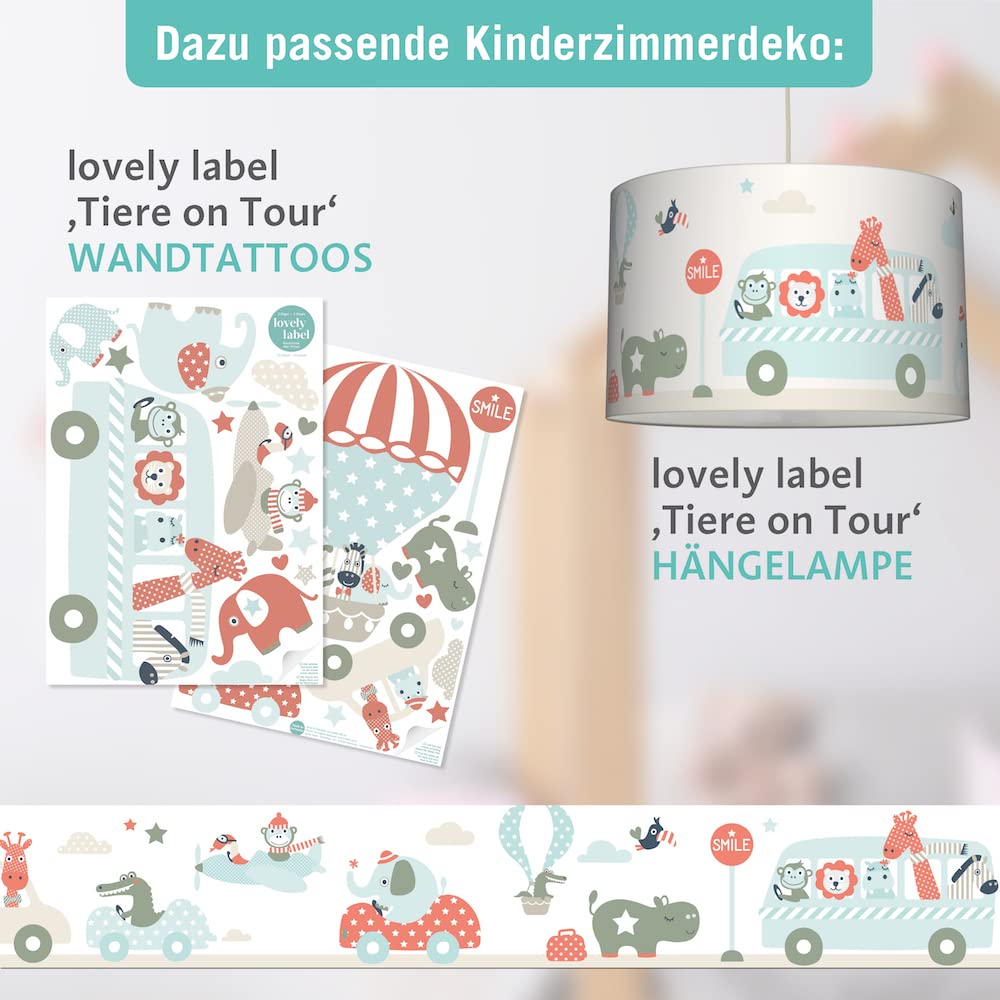 Bordüre selbstklebend TIERE ON TOUR MINT ROT BEIGE - Wandbordüre Kinderzimmer Babyzimmer mit Elefant im Auto - Wandtattoo Schlafzimmer Mädchen & Junge – Wanddeko Baby Kinder