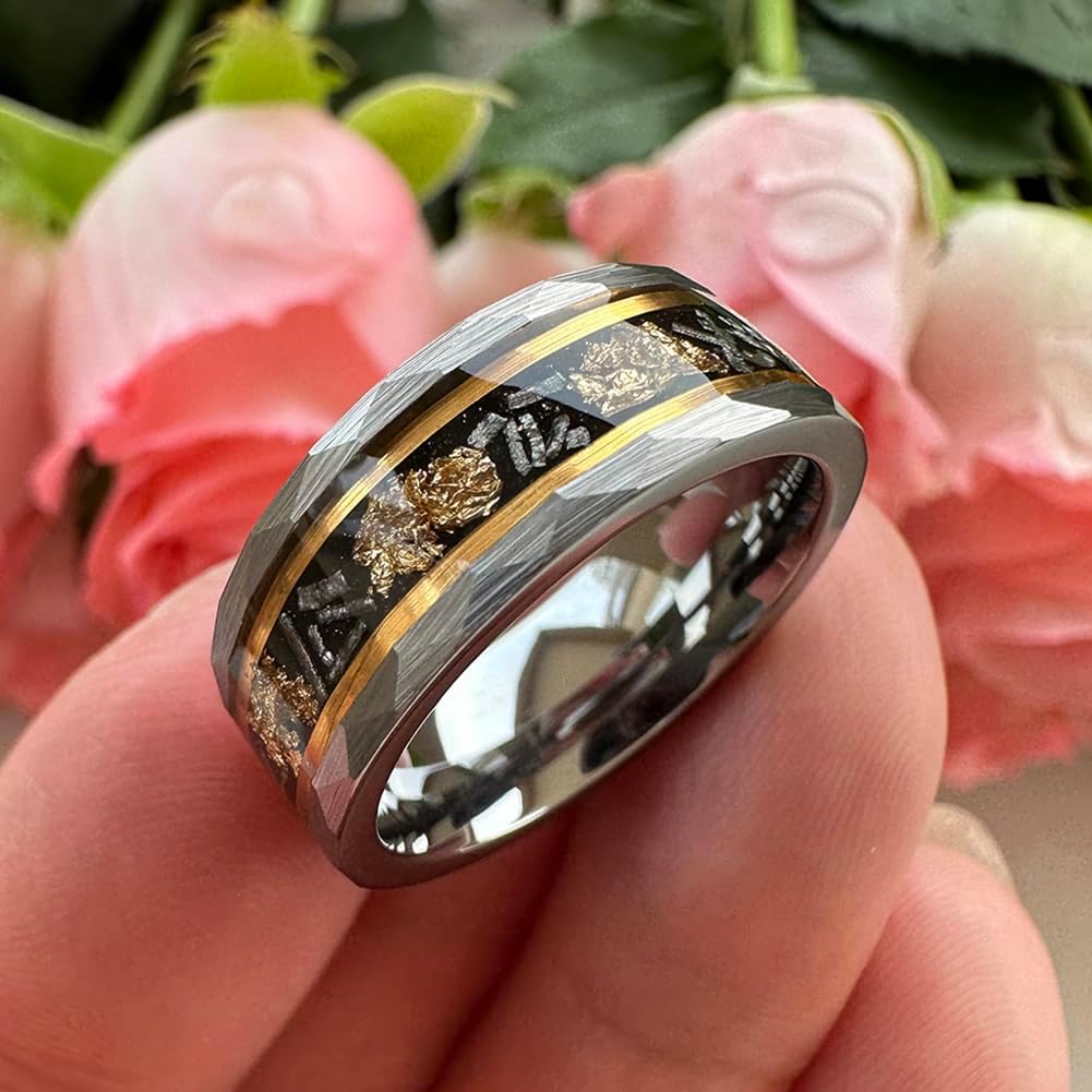 8mm Silver/Black Hammered Tungsten Rings for Men Women Meteorite Chip Gold Foil Inlay Promise Engagement Wedding Band Matte Finish Comfort Fit - Image 4