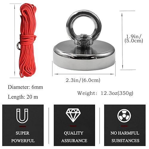 Miniatura 3 de Imán de pesca fuerte imán de tierras raras kit de pesca con cuerda duradera de 64 pies para pesca y recuperación magnética (290 libras)